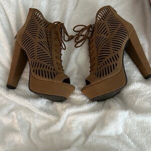 Suede Tan Lace Up High Heel Booties with Geometric Cut-Outs